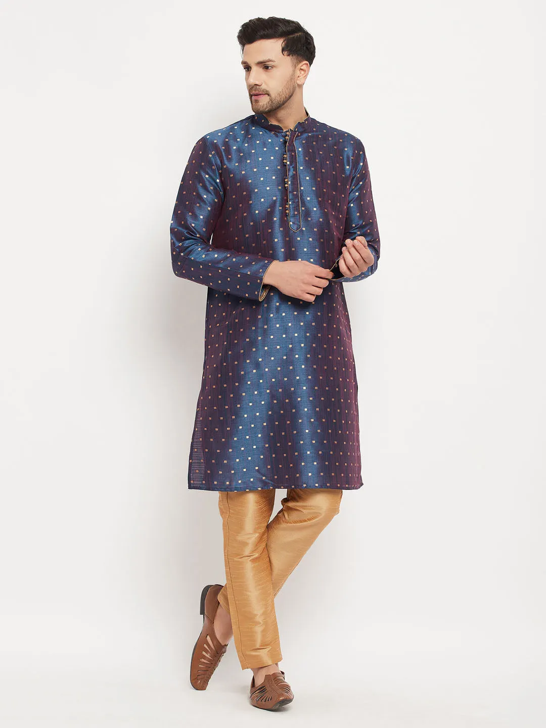 VM BY VASTRAMAY Men's Navy Blue Zari Weaved Kurta And Pant Set