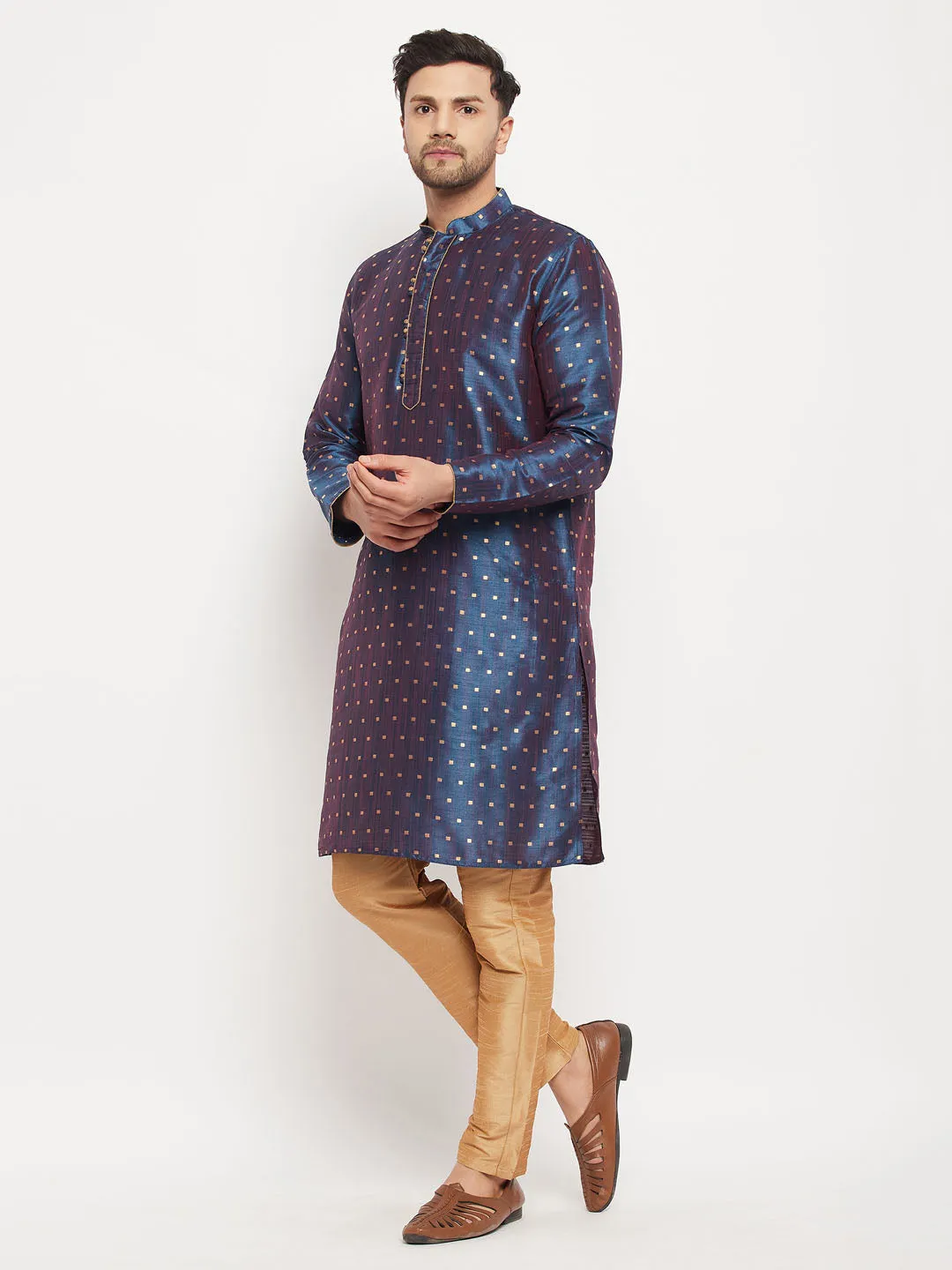 VM BY VASTRAMAY Men's Navy Blue Zari Weaved Kurta And Pant Set