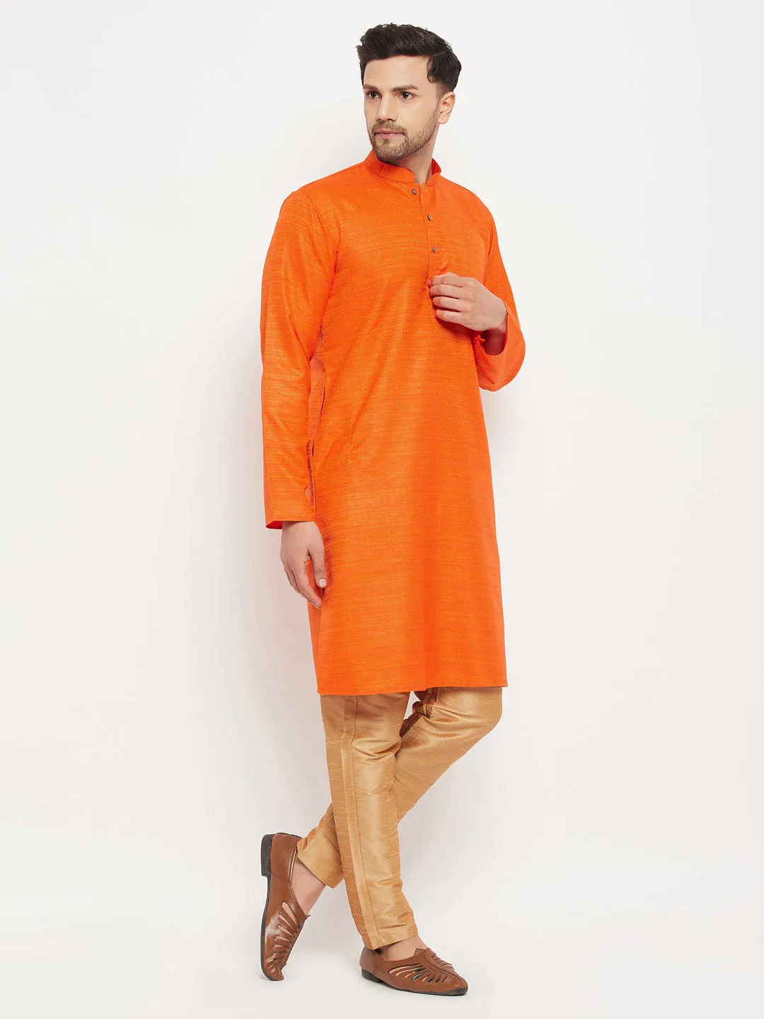 VM BY VASTRAMAY Men's Orange Matka Silk Kurta and Rose Gold Pant Style Pyjama Set