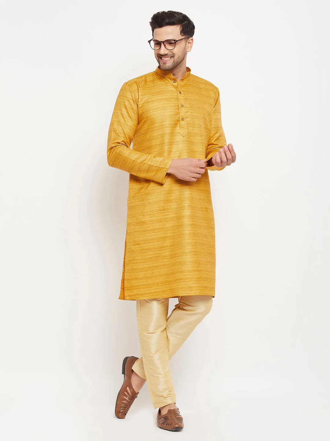 VM BY VASTRAMAY Men's yellow Matka Silk Kurta and Gold Pant Style Pyjama Set