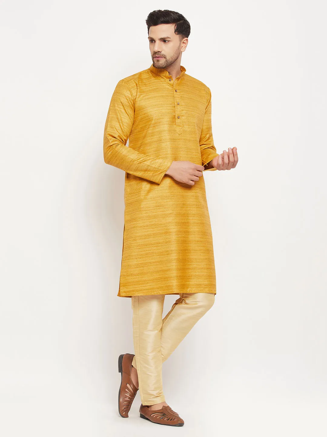 VM BY VASTRAMAY Men's yellow Matka Silk Kurta and Gold Pant Style Pyjama Set