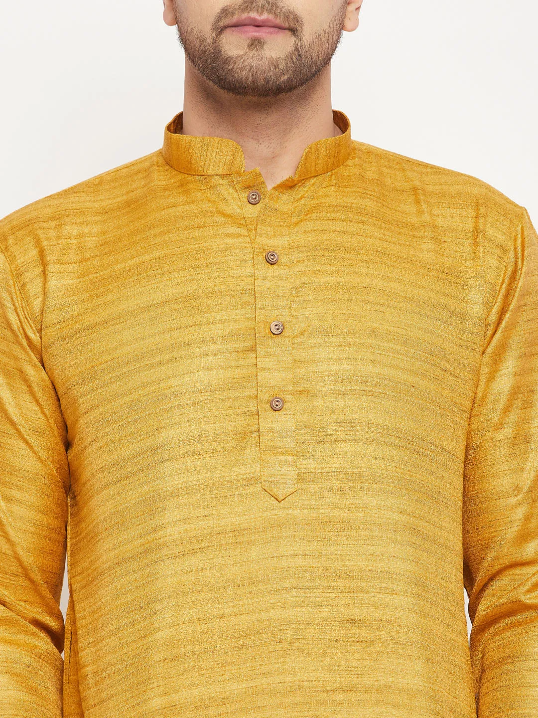 VM BY VASTRAMAY Men's yellow Matka Silk Kurta and Gold Pant Style Pyjama Set