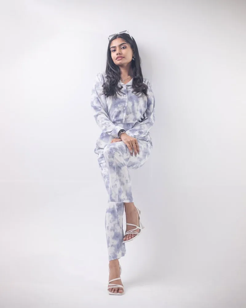 Women's Periwinkle Blue Cuban Shirt and Pants 2 piece Set in Tie Dye Print | Co-Ord Set