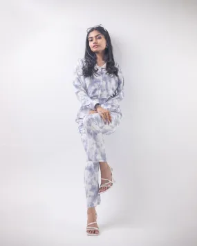 Women's Periwinkle Blue Cuban Shirt and Pants 2 piece Set in Tie Dye Print | Co-Ord Set