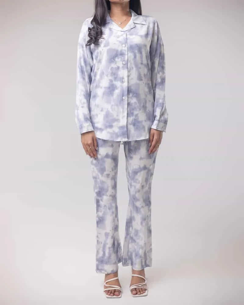 Women's Periwinkle Blue Cuban Shirt and Pants 2 piece Set in Tie Dye Print | Co-Ord Set