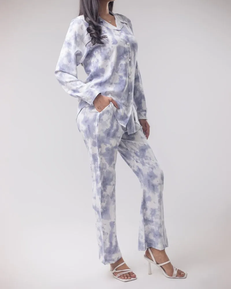 Women's Periwinkle Blue Cuban Shirt and Pants 2 piece Set in Tie Dye Print | Co-Ord Set