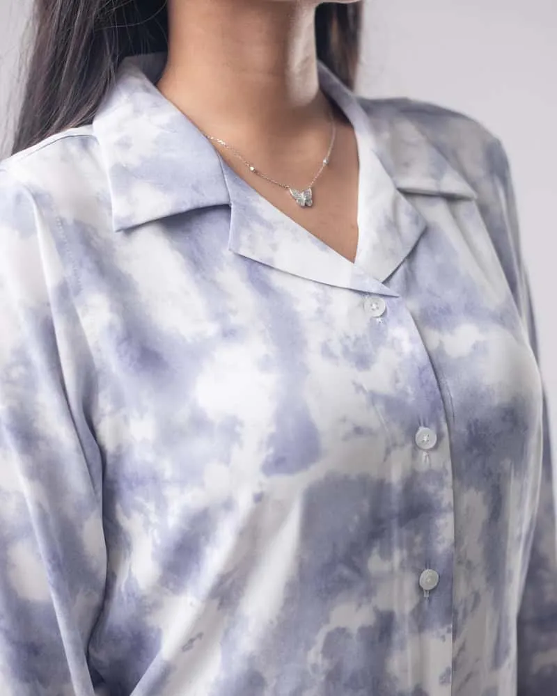 Women's Periwinkle Blue Cuban Shirt and Pants 2 piece Set in Tie Dye Print | Co-Ord Set