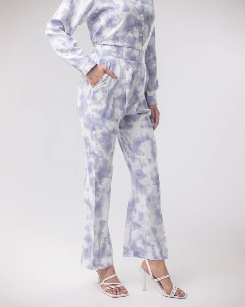 Women's Periwinkle Blue Cuban Shirt and Pants 2 piece Set in Tie Dye Print | Co-Ord Set