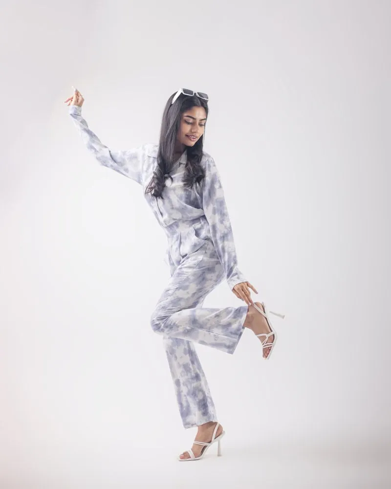 Women's Periwinkle Blue Cuban Shirt and Pants 2 piece Set in Tie Dye Print | Co-Ord Set