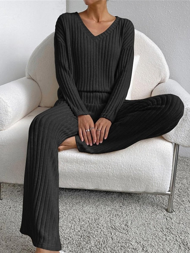 Women's Cozy Knit Drop Shoulder Tee and Pant Lounge Set