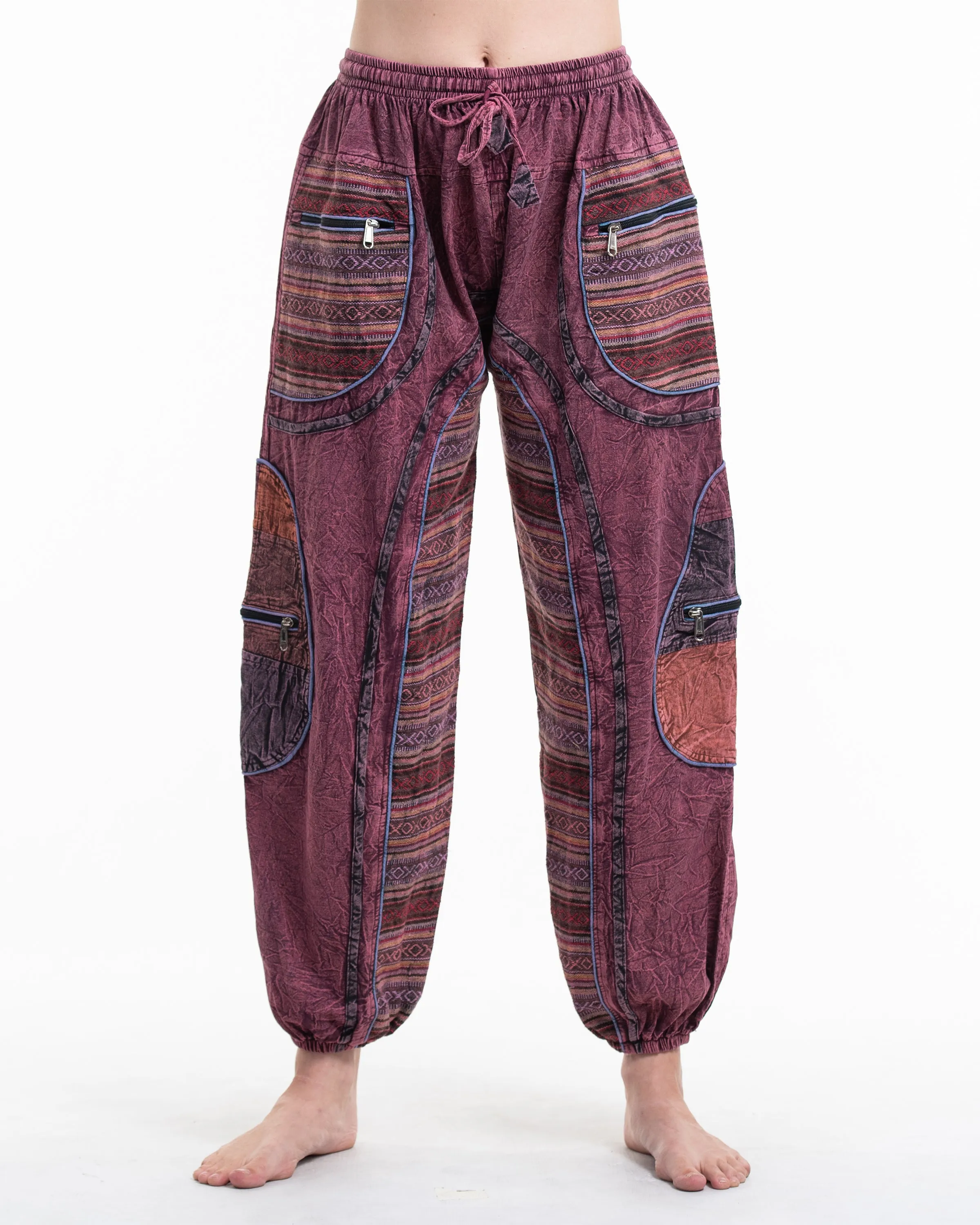 Women's Patchwork Stone Washed Cargo Cotton Pants in Maroon 06