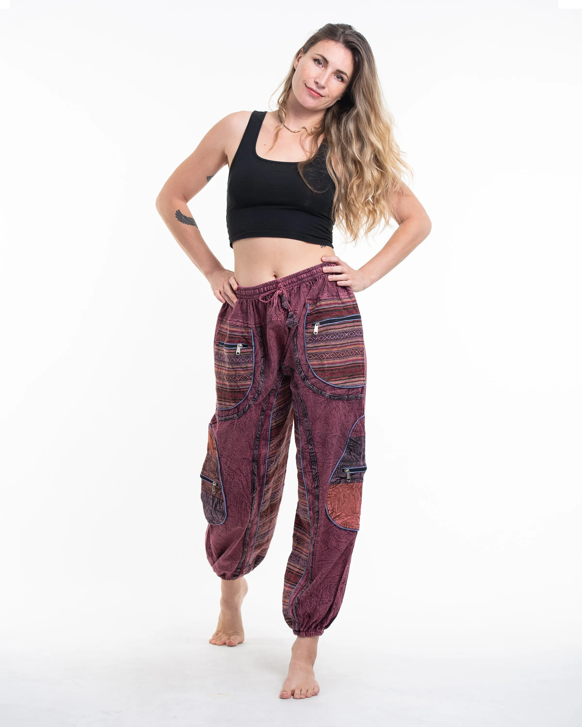 Women's Patchwork Stone Washed Cargo Cotton Pants in Maroon 06