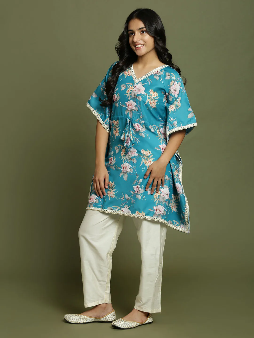 Yuva By VASTRAMAY Girls Turquoise Blue Floral Printed Kaftan Kurta With Cream Pant Set