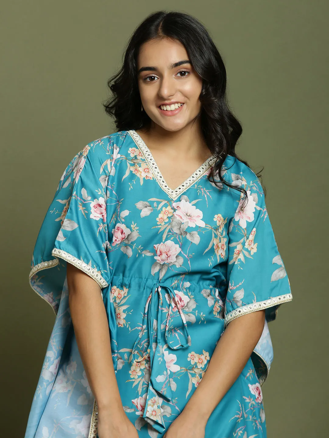 Yuva By VASTRAMAY Girls Turquoise Blue Floral Printed Kaftan Kurta With Cream Pant Set