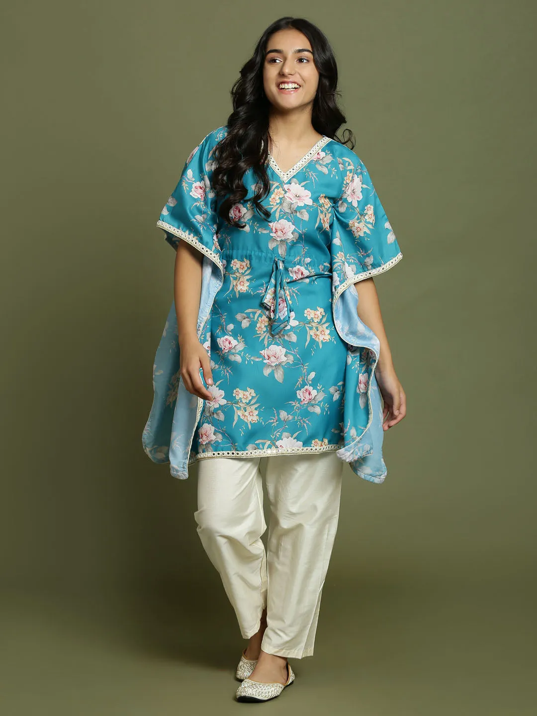 Yuva By VASTRAMAY Girls Turquoise Blue Floral Printed Kaftan Kurta With Cream Pant Set