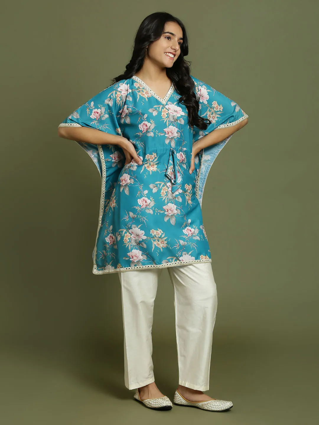 Yuva By VASTRAMAY Girls Turquoise Blue Floral Printed Kaftan Kurta With Cream Pant Set